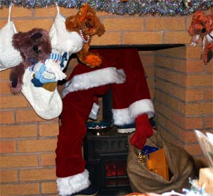Santa coming down the chimney in Maria's studio.